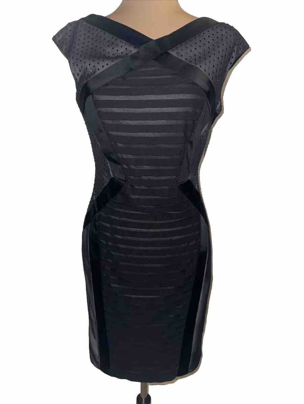 Jax Women Black Cocktail Dress 4 Cap Sleeve nude lining, rhinestones, Pleated